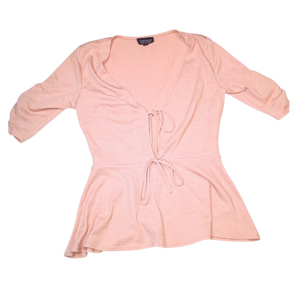 Topshop Peach Pink Tie Front Peplum Top Textured 3/4 Sleeve V-Neck Size US 2